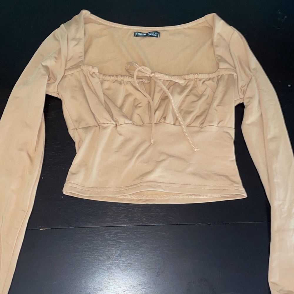 Tie front long sleeve plush top light brown/ tan (Size S)
